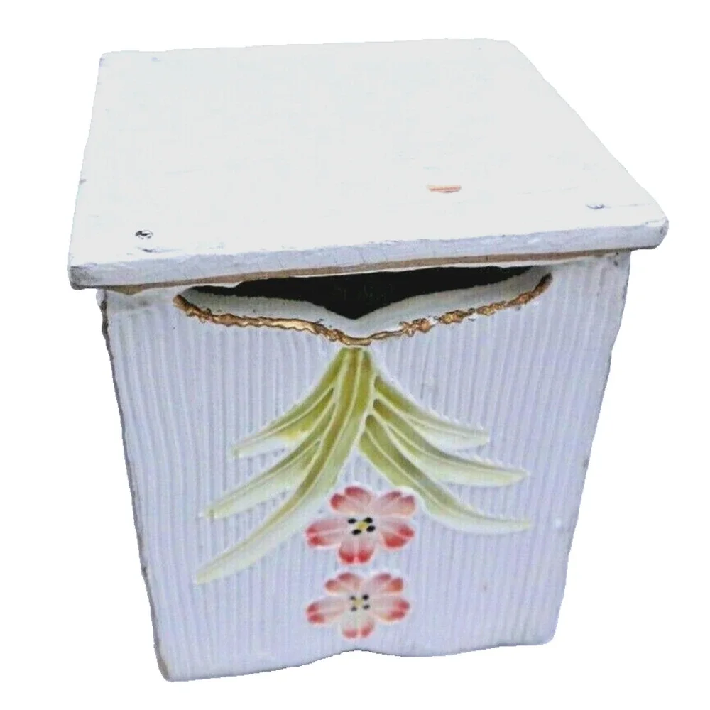 Vintage Square Wooden Hand Painted Storage Box Desk Organizer Ribbed Floral